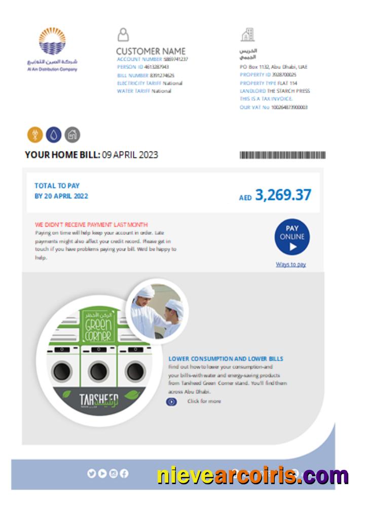 Al Ain Distribution Company utility business bill, page 1